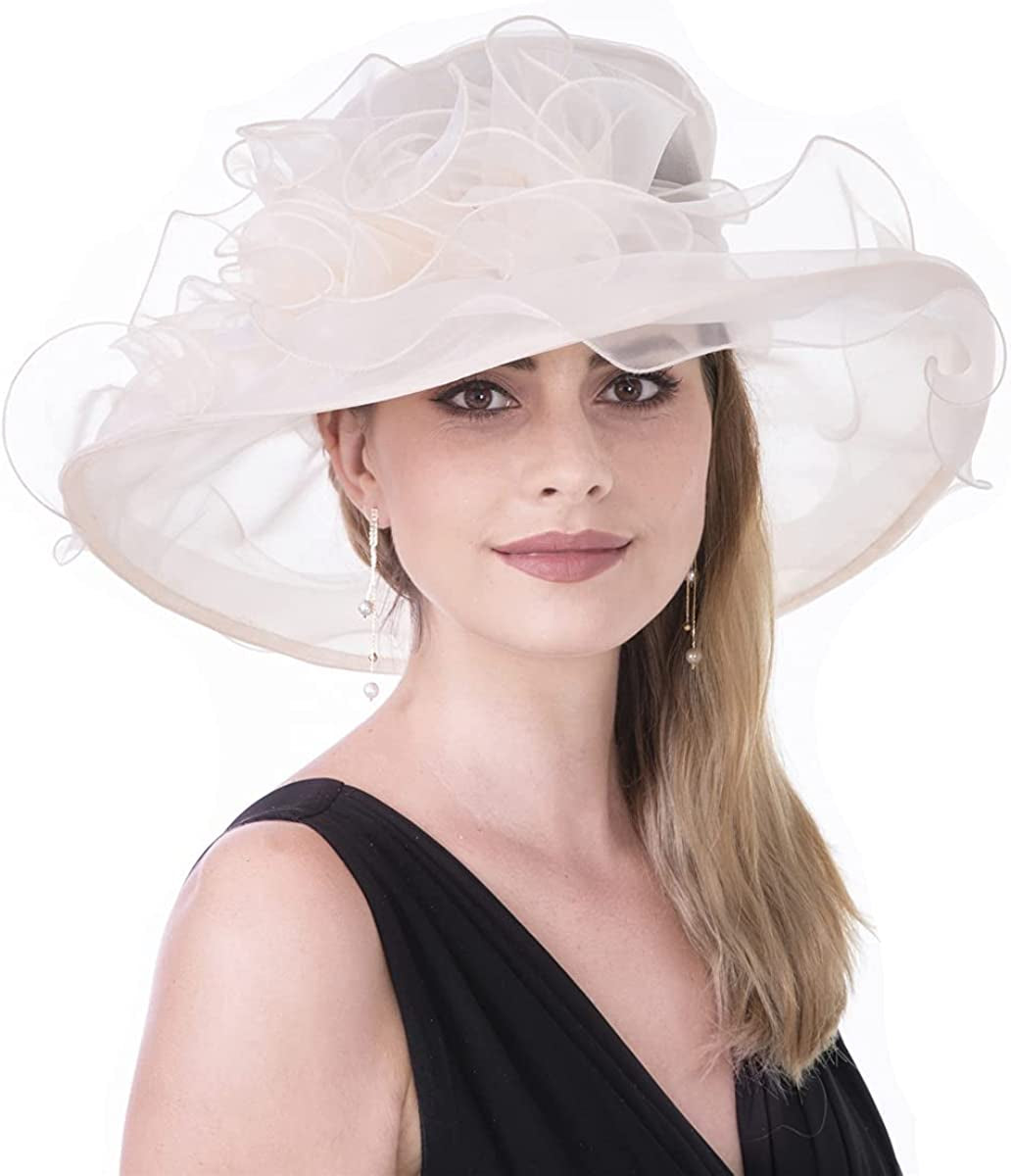 Lucky Leaf Women Kentucky Derby Church Cap Wide Brim Summer Sun Hat for Party Wedding Apparel & Accessories > Clothing Accessories > Headwear Lucky Leaf Nf-beige  