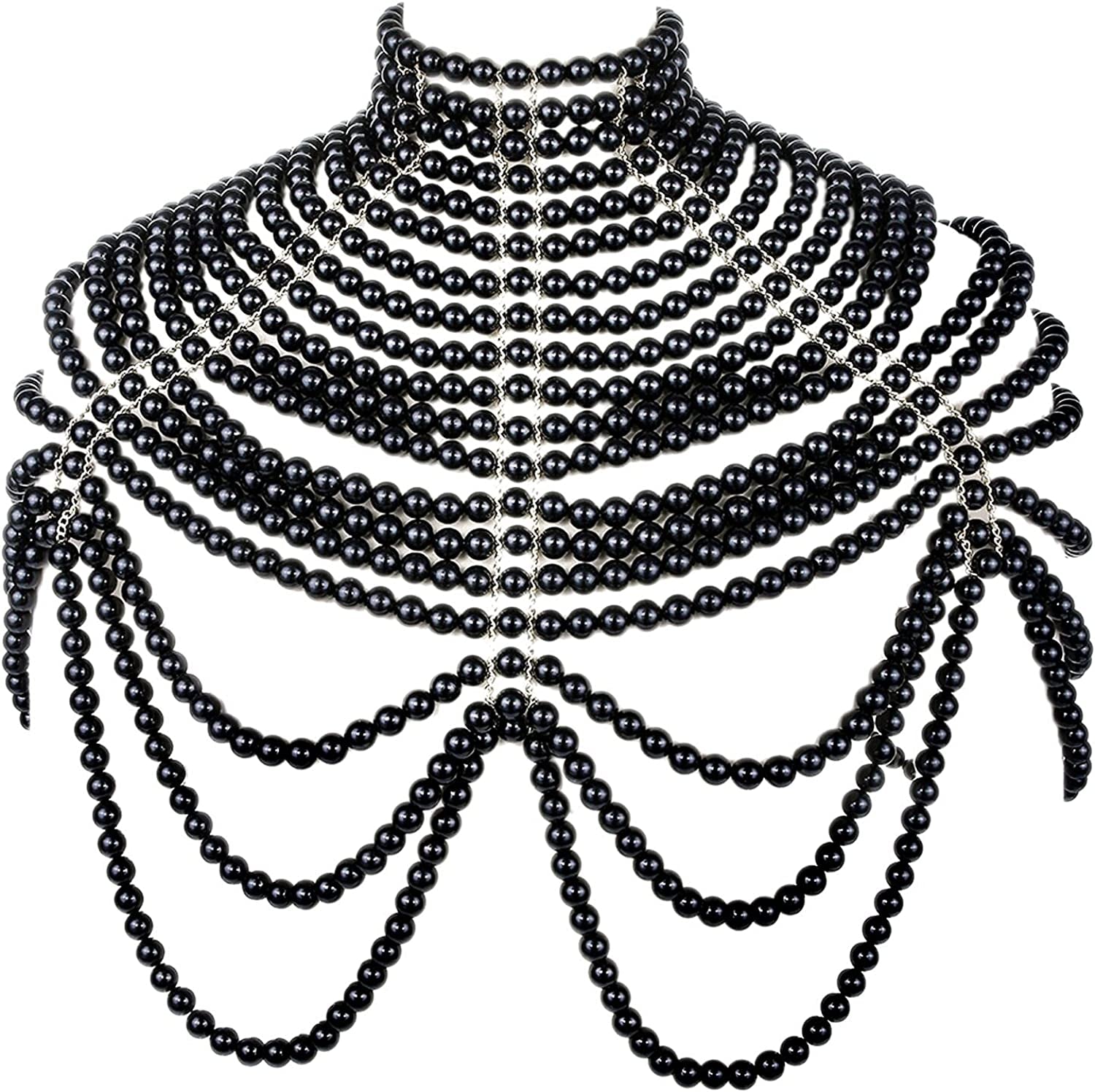 BELLULULU Women'S Pearl Body Chain Bra Sexy Bikini Body Chain-Shoulder Necklace Paris Fashion Body Chain Jewelry Show Apparel & Accessories > Jewelry > Body Jewelry BELLALULU Pearl-black  
