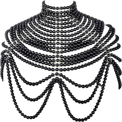 BELLULULU Women'S Pearl Body Chain Bra Sexy Bikini Body Chain-Shoulder Necklace Paris Fashion Body Chain Jewelry Show Apparel & Accessories > Jewelry > Body Jewelry BELLALULU Pearl-black  