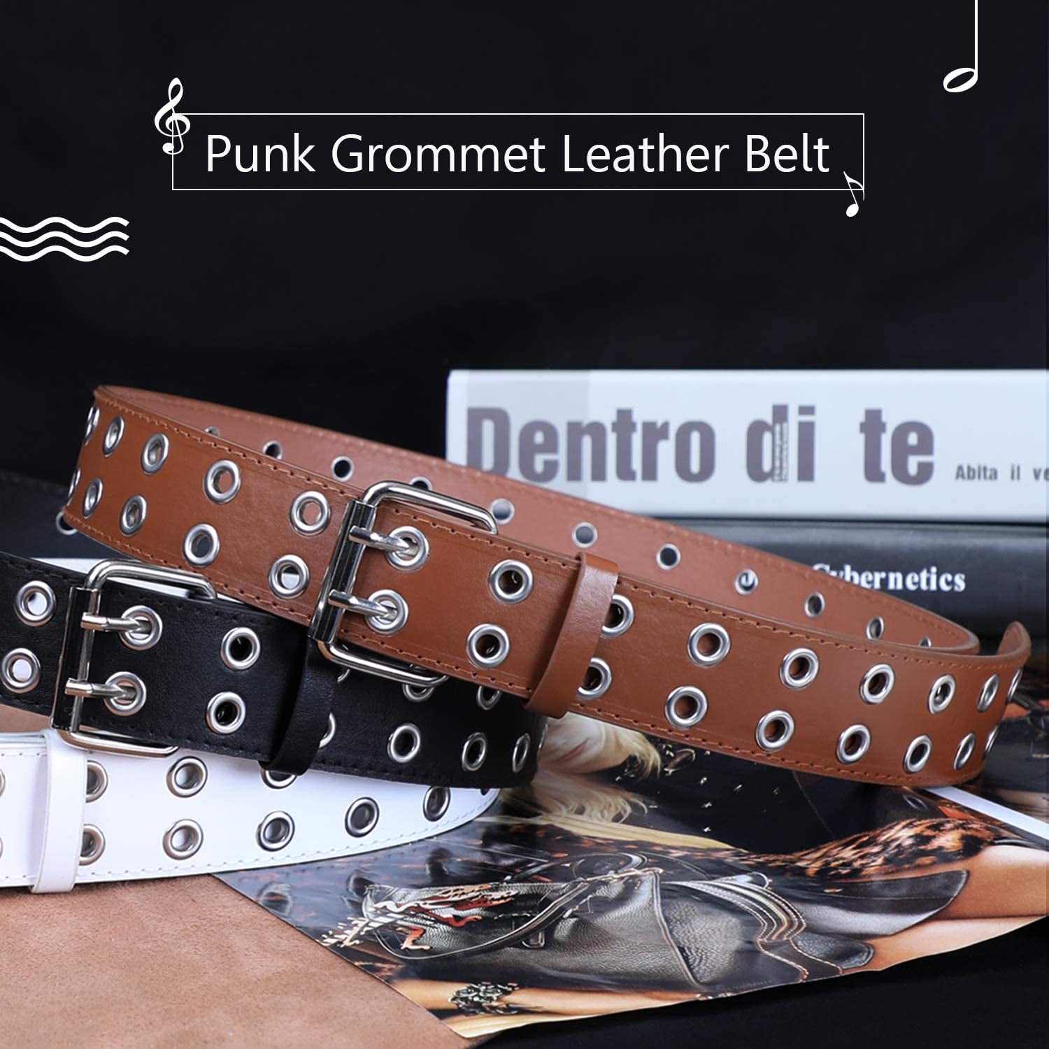 Double Grommet PU Leather Belt for Women/Men Punk Metal Jean Belt Wide 1.5 Inch Apparel & Accessories > Clothing Accessories > Belts XZQTIVE   