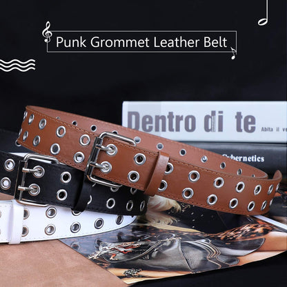 Double Grommet PU Leather Belt for Women/Men Punk Metal Jean Belt Wide 1.5 Inch Apparel & Accessories > Clothing Accessories > Belts XZQTIVE   