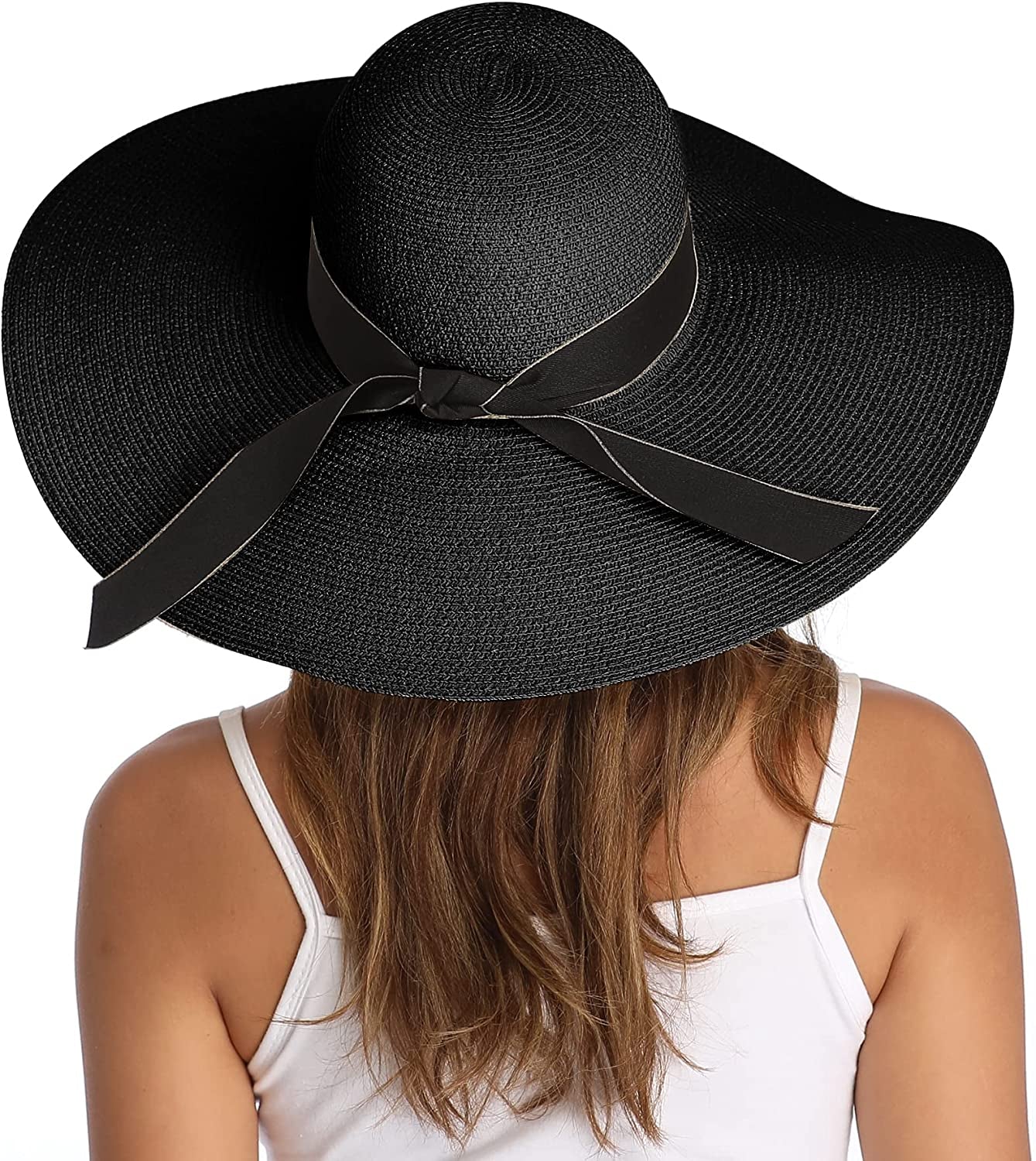 Lanzom Womens Wide Brim Straw Hat Big Floppy Foldable Roll up Cap Beach Sun Hat UPF 50+ Apparel & Accessories > Clothing Accessories > Hats Lanzom Bowknot-black One Size 