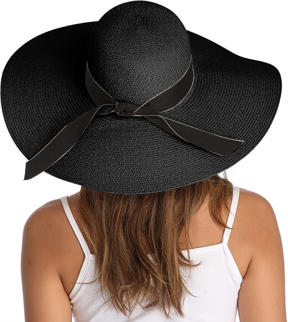 Lanzom Womens Wide Brim Straw Hat Big Floppy Foldable Roll up Cap Beach Sun Hat UPF 50+ Apparel & Accessories > Clothing Accessories > Hats Lanzom Bowknot-black One Size 