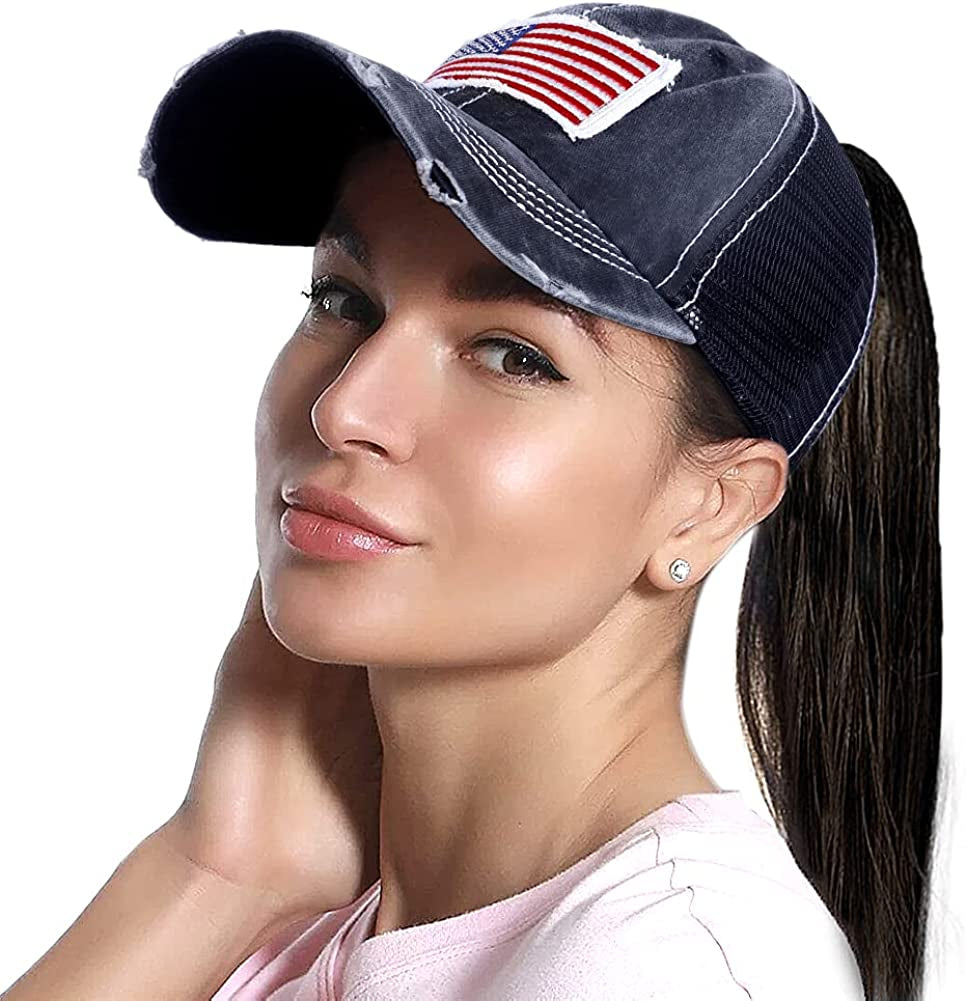 Lvaiz Womens Distressed Baseball Cap Mens Mesh Back Sport Hat Versatile Washed Dad Hat with Ponytail Hole Apparel & Accessories > Clothing Accessories > Hats Lvaiz Vigor Flag Mesh Navy One Size 
