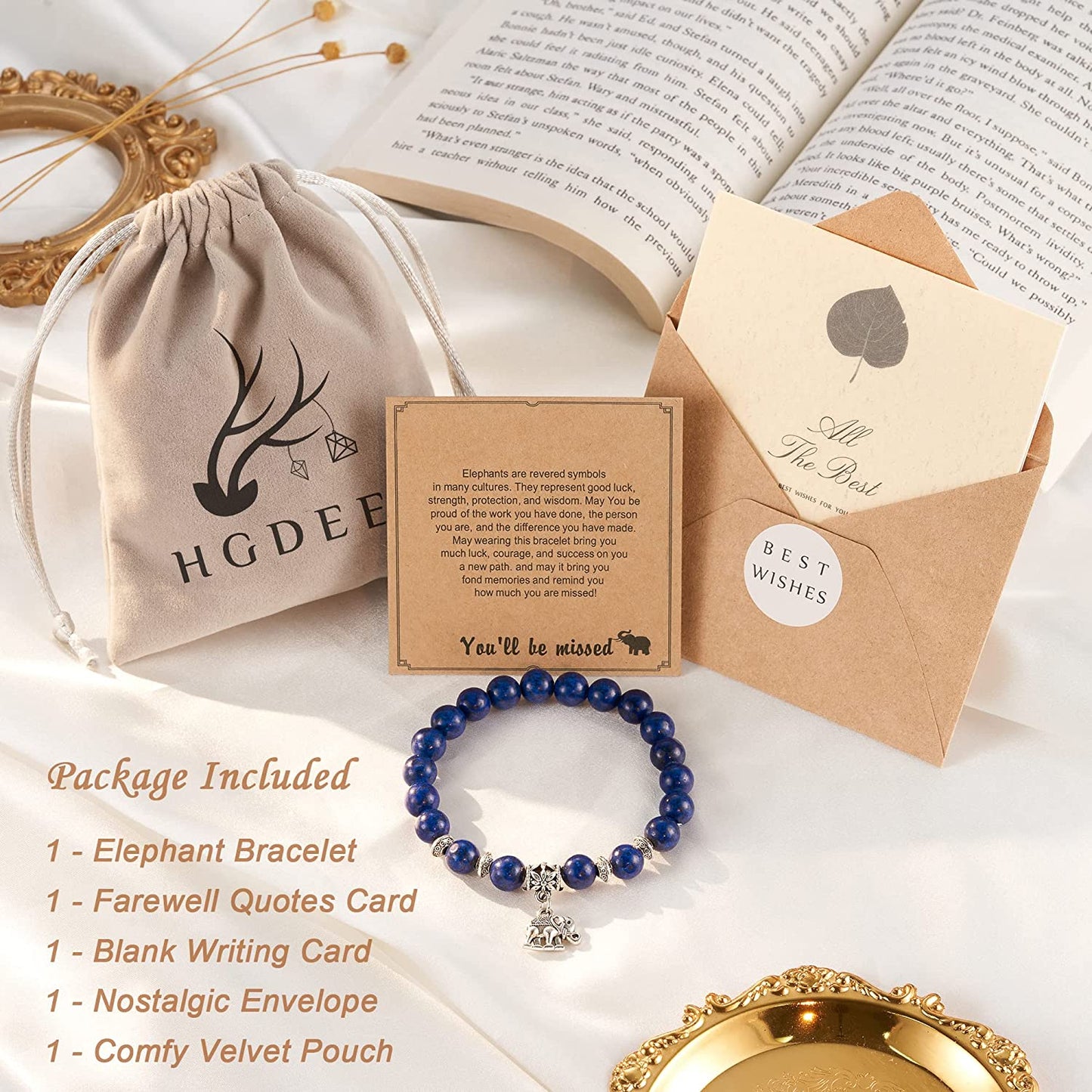 HGDEER Farewell Gifts, Natural Stone Lucky Elephant Bracelets Goodbye Retirement Gifts for Women Men Apparel & Accessories > Jewelry > Bracelets HGDEER   