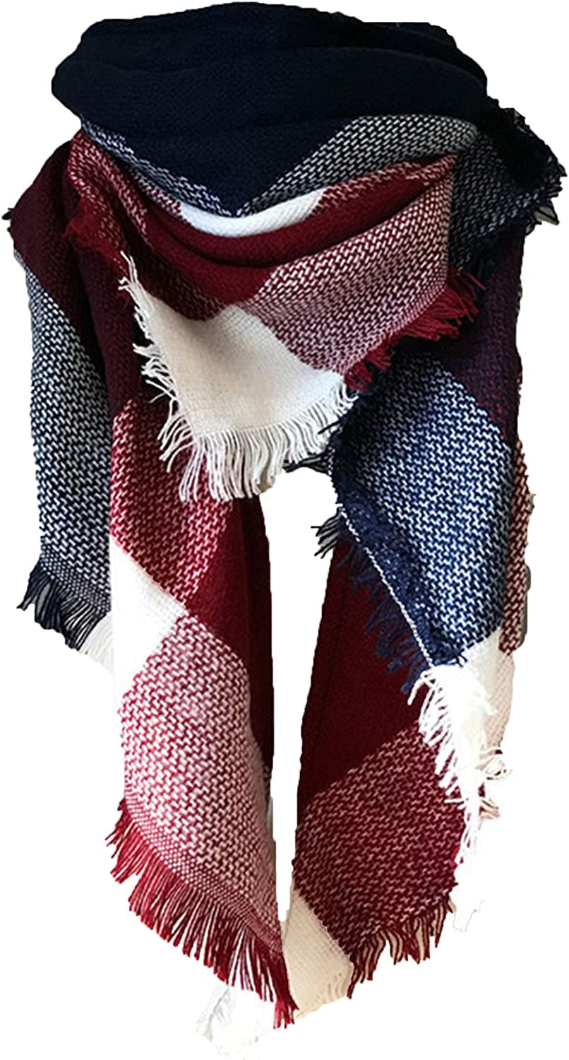 Wander Agio Womens Warm Long Shawl Winter Wraps Large Scarves Knit Cashmere Feel Plaid Triangle Scarf Apparel & Accessories > Clothing Accessories > Scarves & Shawls Wander Agio Blue Purplish Red  