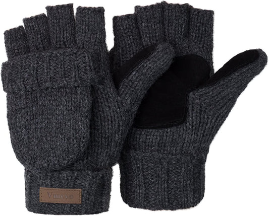 Winter Knitted Convertible Fingerless Gloves Wool Mittens Warm Mitten Glove for Women and Men Apparel & Accessories > Clothing Accessories > Gloves & Mittens ViGrace Dark Grey Large 