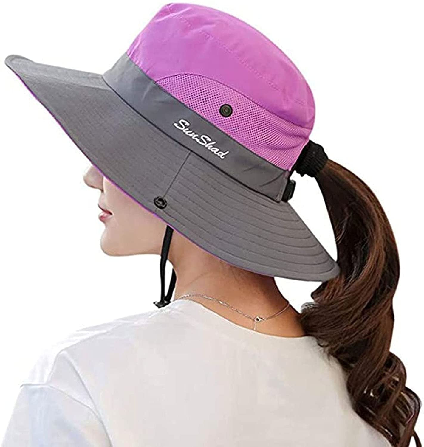 Sun Hat Womens Uv Protection Wide Brim Foldable Mesh Bucket Fishing Hat Ponytail Hole for Summer Hiking Swimming Beach Apparel & Accessories > Clothing Accessories > Hats UTOWO Purple Medium 