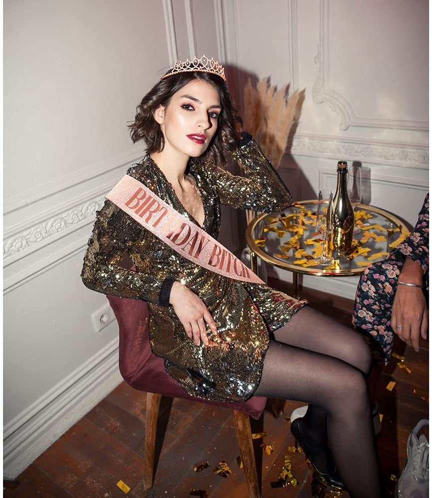 Birthday Bitch Sash & Rhinestone Tiara Kit - Rose Gold Birthday Gifts Glitter Birthday Sash Birthday Party Favors Apparel & Accessories > Clothing Accessories > Sashes ADBetty   