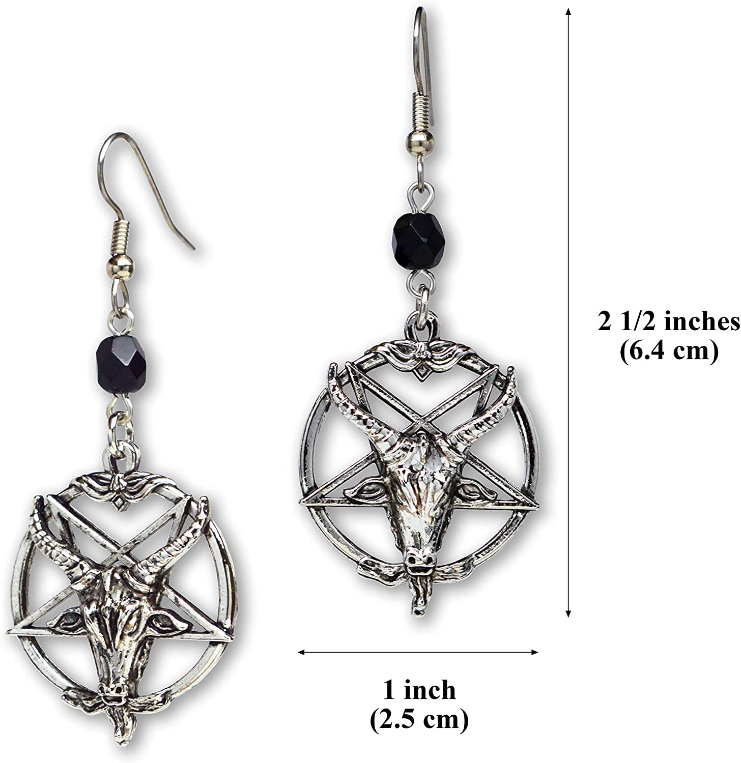 Baphomet Satanic Goat Head Inverted Pentagram Silver Finish Dangle Earrings Apparel & Accessories > Jewelry > Earrings Real Metal   