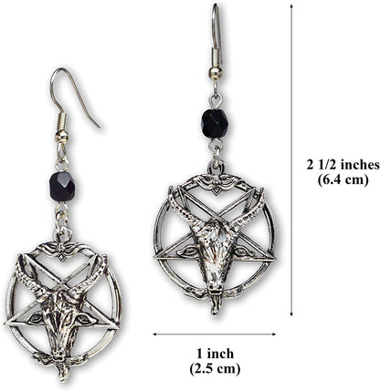 Baphomet Satanic Goat Head Inverted Pentagram Silver Finish Dangle Earrings Apparel & Accessories > Jewelry > Earrings Real Metal   