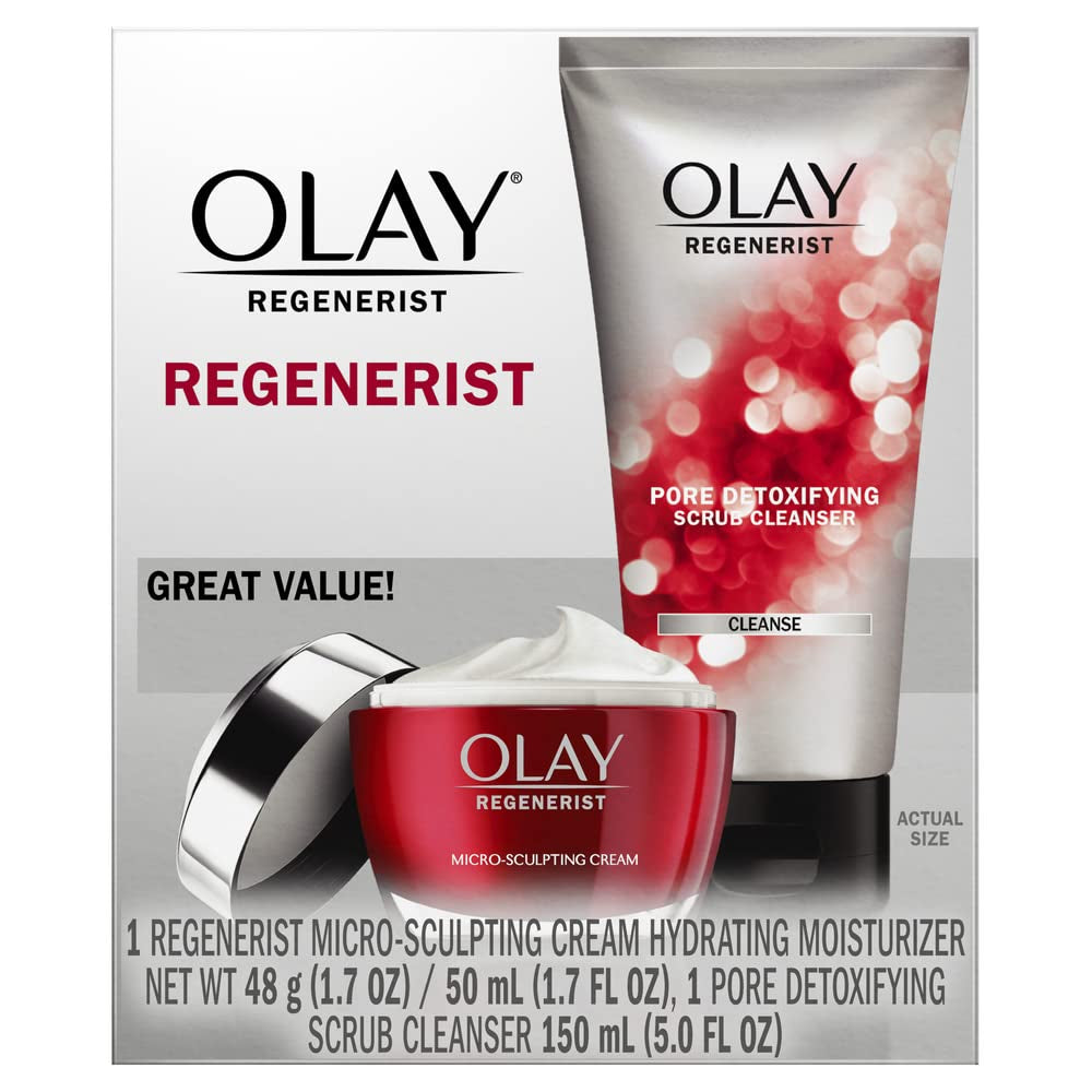 Face Wash by Olay Regenerist Advanced Anti-Aging Pore Scrub Cleanser (5.0 Oz) and Micro-Sculpting Face Moisturizer Cream (1.7 Oz) Skin Care Duo Pack, Total 6.7 Ounces Packaging May Vary Health & Beauty > Personal Care > Cosmetics > Cosmetic Tools > Skin Care Tools Olay   