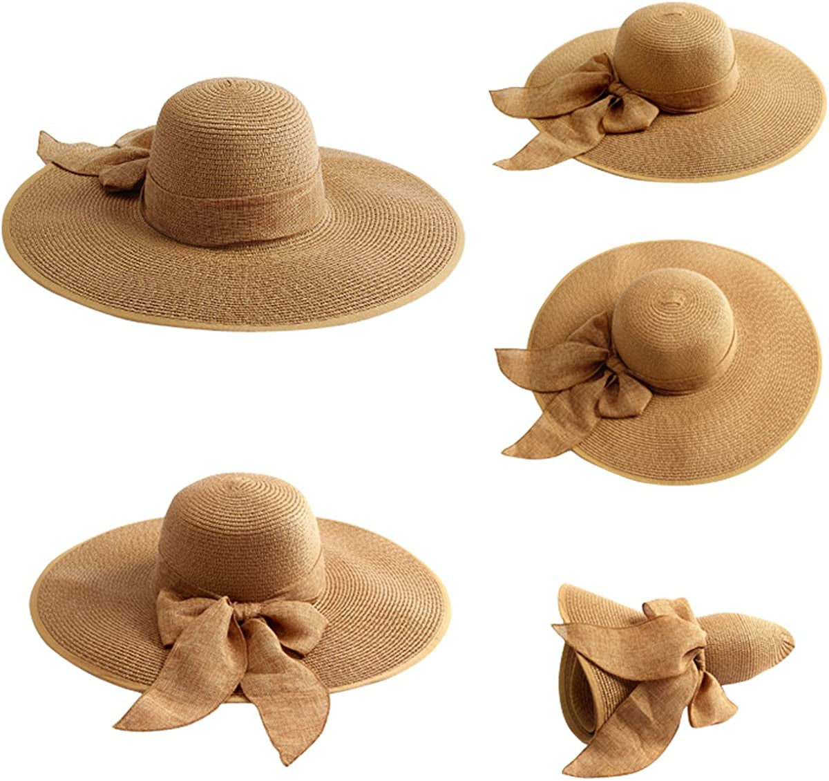 Lanzom Womens 5.5 Inches Big Bowknot Straw Hat Large Floppy Foldable Roll up Beach Cap Sun Hat UPF 50+ Apparel & Accessories > Clothing Accessories > Hats Lanzom   