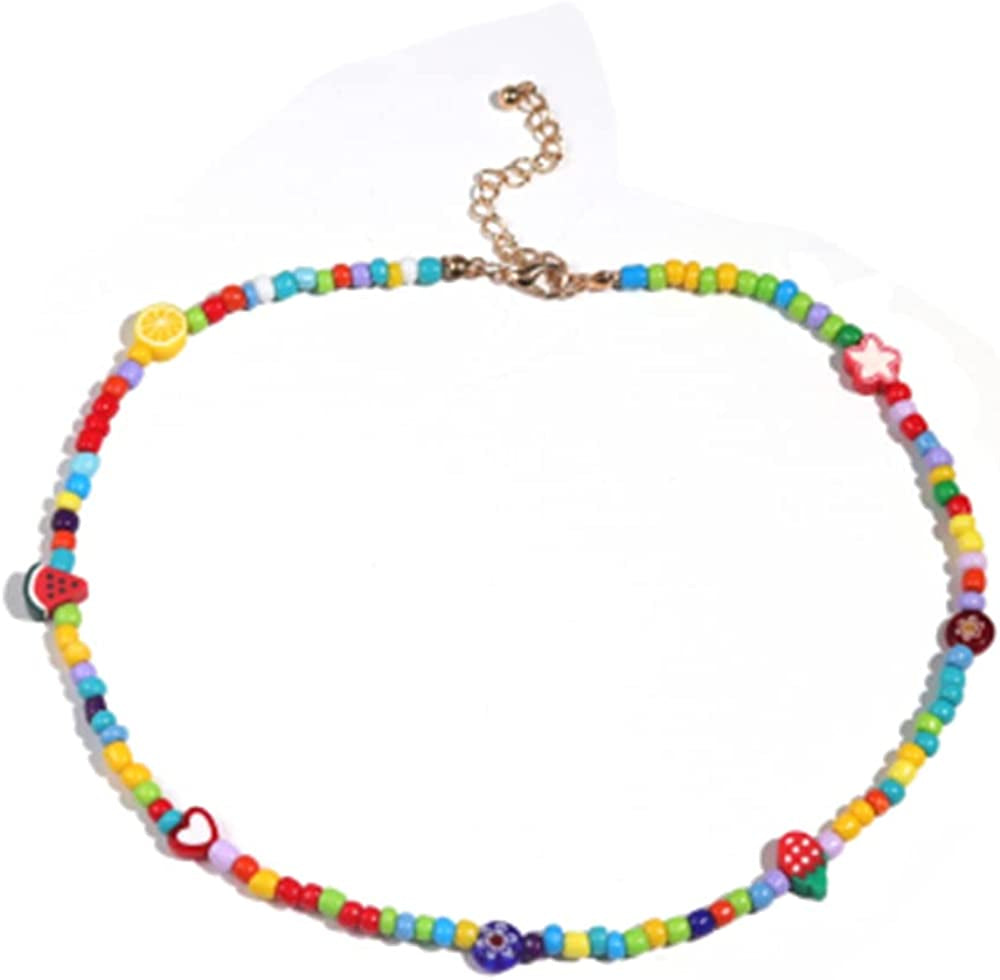 Boho Smiley Layered Beaded Necklaces with Strand Bracelet, Smile Face Star Fruits Flowers Heart Shape Beads Pearl Stackable Collar Necklace Anklet for Women Girls Vsco Summer Beach Trip Apparel & Accessories > Jewelry > Anklets Bincon A fruits&flower  