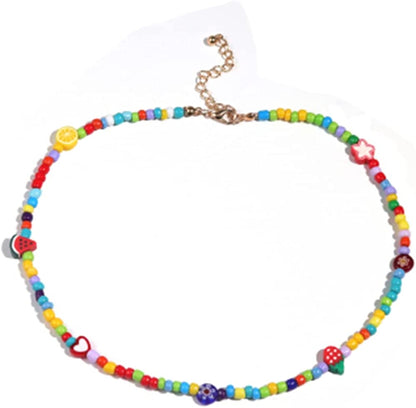 Boho Smiley Layered Beaded Necklaces with Strand Bracelet, Smile Face Star Fruits Flowers Heart Shape Beads Pearl Stackable Collar Necklace Anklet for Women Girls Vsco Summer Beach Trip Apparel & Accessories > Jewelry > Anklets Bincon A fruits&flower  