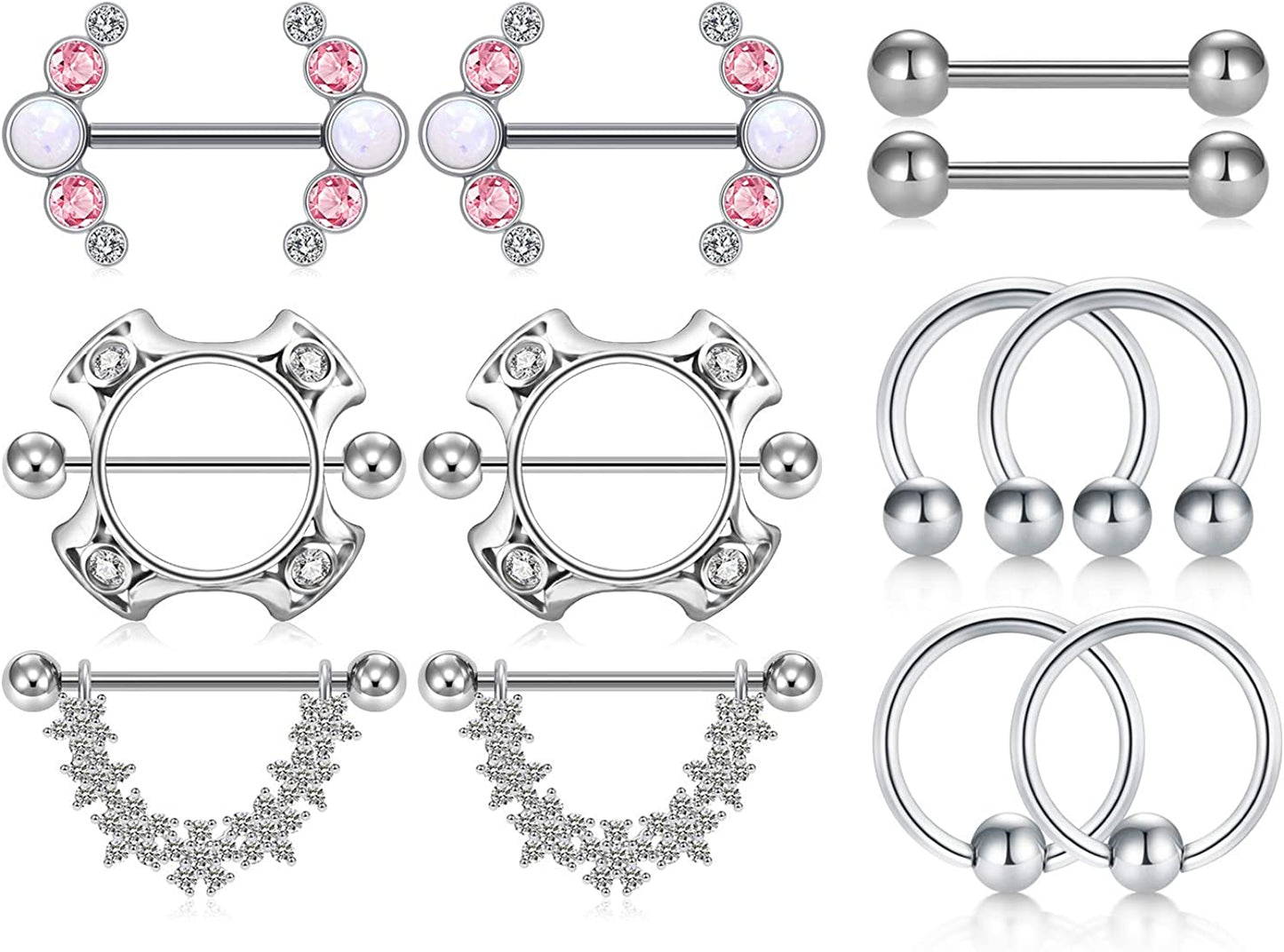 LAURITAMI Nipple Rings for Women Nipple Piercing Jewelry 14G Nipple Rings Surgical Steel Nipple Jewelry Straight Barbell Tongue Rings for Women CZ Nipplering Piercing Jewelry Set Apparel & Accessories > Jewelry > Body Jewelry LAURITAMI C1 -silver  