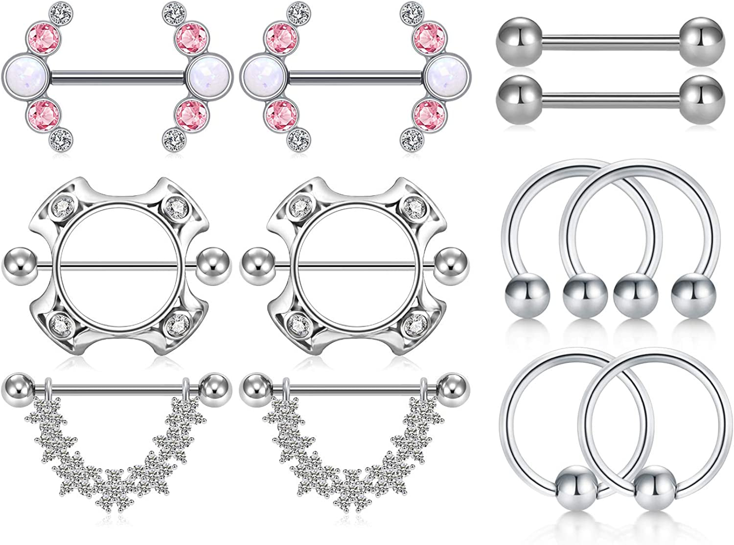 LAURITAMI Nipple Rings for Women Nipple Piercing Jewelry 14G Nipple Rings Surgical Steel Nipple Jewelry Straight Barbell Tongue Rings for Women CZ Nipplering Piercing Jewelry Set Apparel & Accessories > Jewelry > Body Jewelry LAURITAMI C1 -silver  