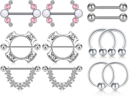 LAURITAMI Nipple Rings for Women Nipple Piercing Jewelry 14G Nipple Rings Surgical Steel Nipple Jewelry Straight Barbell Tongue Rings for Women CZ Nipplering Piercing Jewelry Set Apparel & Accessories > Jewelry > Body Jewelry LAURITAMI C1 -silver  