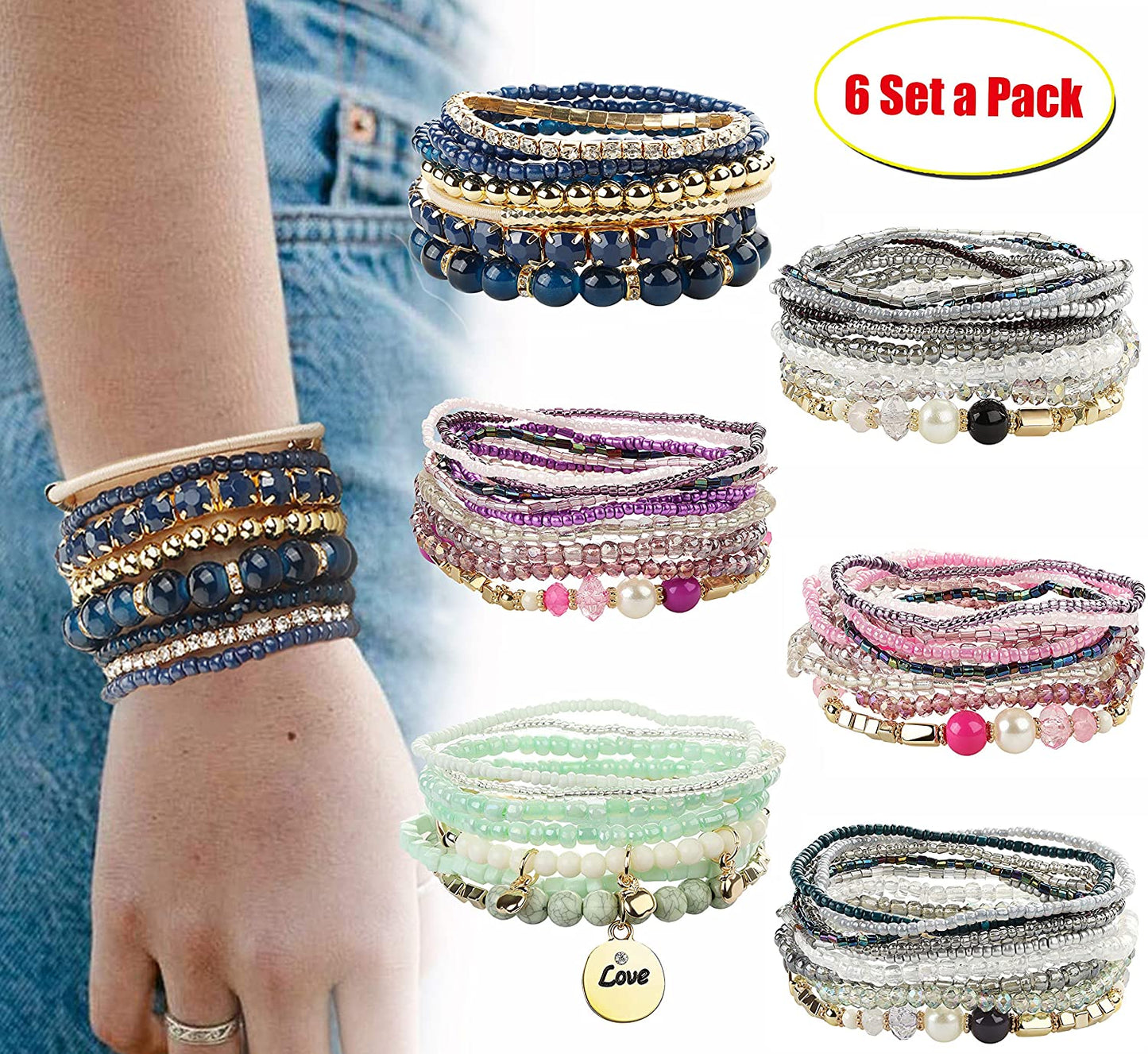 FIBO STEEL 6 Sets Bohemian Stackable Bead Bracelets for Women Stretch Multilayered Bracelet Set Multicolor Jewelry Apparel & Accessories > Jewelry > Bracelets FIBO STEEL   