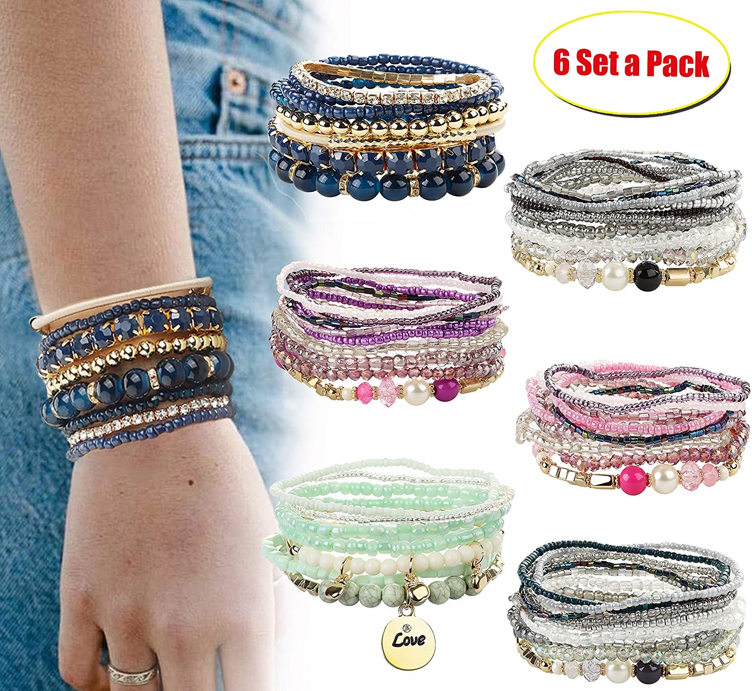 FIBO STEEL 6 Sets Bohemian Stackable Bead Bracelets for Women Stretch Multilayered Bracelet Set Multicolor Jewelry Apparel & Accessories > Jewelry > Bracelets FIBO STEEL   