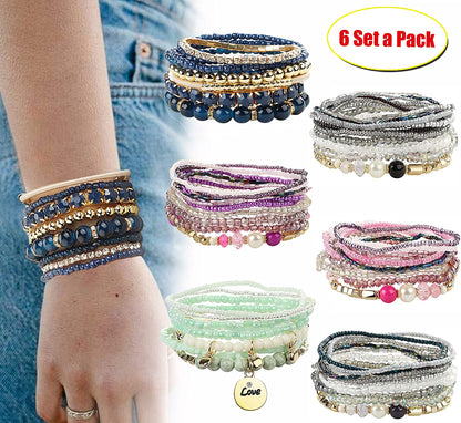 FIBO STEEL 6 Sets Bohemian Stackable Bead Bracelets for Women Stretch Multilayered Bracelet Set Multicolor Jewelry Apparel & Accessories > Jewelry > Bracelets FIBO STEEL   