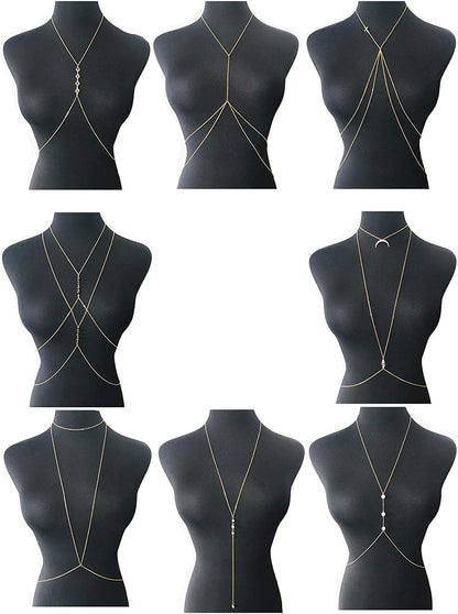 Tornito 4-8Pcs Sexy Body Chain Belly Waist Chain Necklace Summer Beach Crossover Bikini Bra Body Jewelry for Women Gold Tone Apparel & Accessories > Jewelry > Body Jewelry Tornito A1:8pcs, Gold Tone  