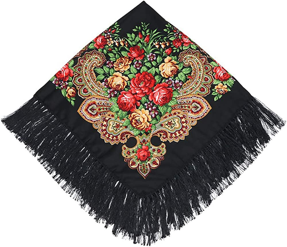 Uainhrt Tassel Scarf Cotton Large Square Shawl and Wraps,Versatile Gift Fringe Boho Shawl,43"×43" Apparel & Accessories > Clothing Accessories > Scarves & Shawls Uainhrt Black  