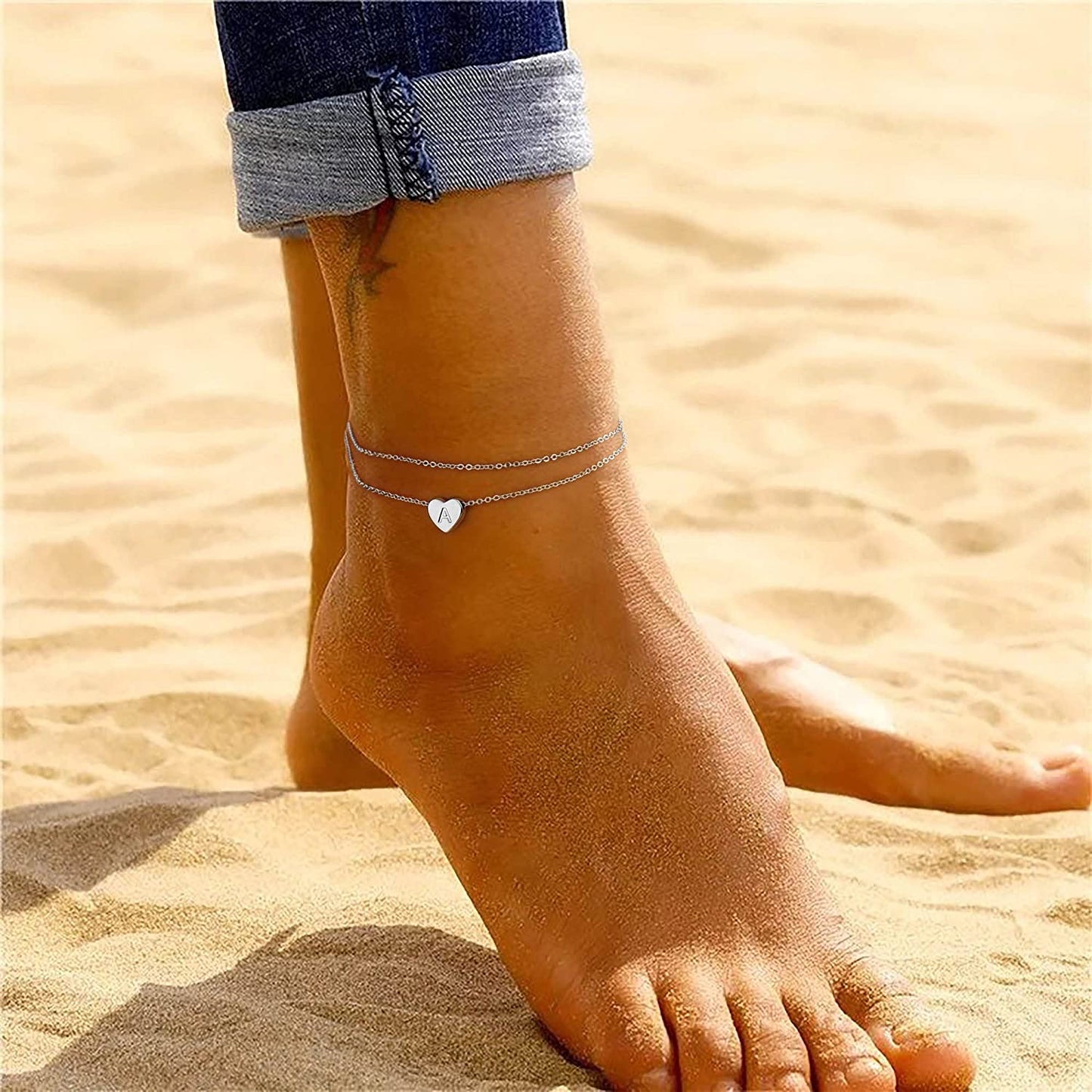 Turandoss Silver Heart Initial Ankle Bracelets for Women, 14K White Gold Filled Handmade Dainty Layered Silver Anklet Letter Initial Heart Ankle Bracelets for Women Silver Summer Foot Beach Jewelry Apparel & Accessories > Jewelry > Anklets Turandoss   
