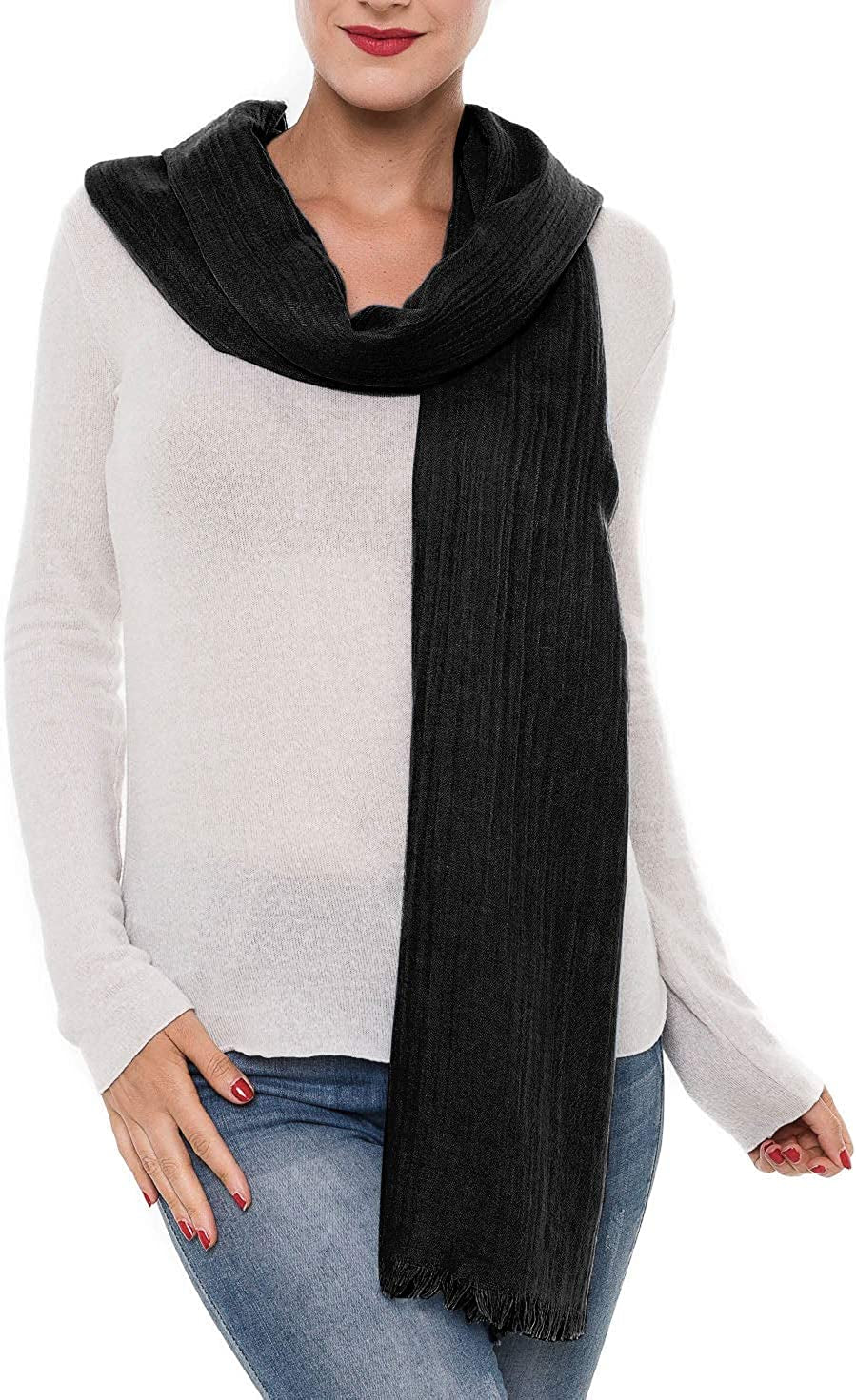 Scarfs for Women Fashion Lightweight Solid Colors Wrap Shawl for Fall Winter Apparel & Accessories > Clothing Accessories > Scarves & Shawls MIMOSITO 2 Fringed Edges, Black  