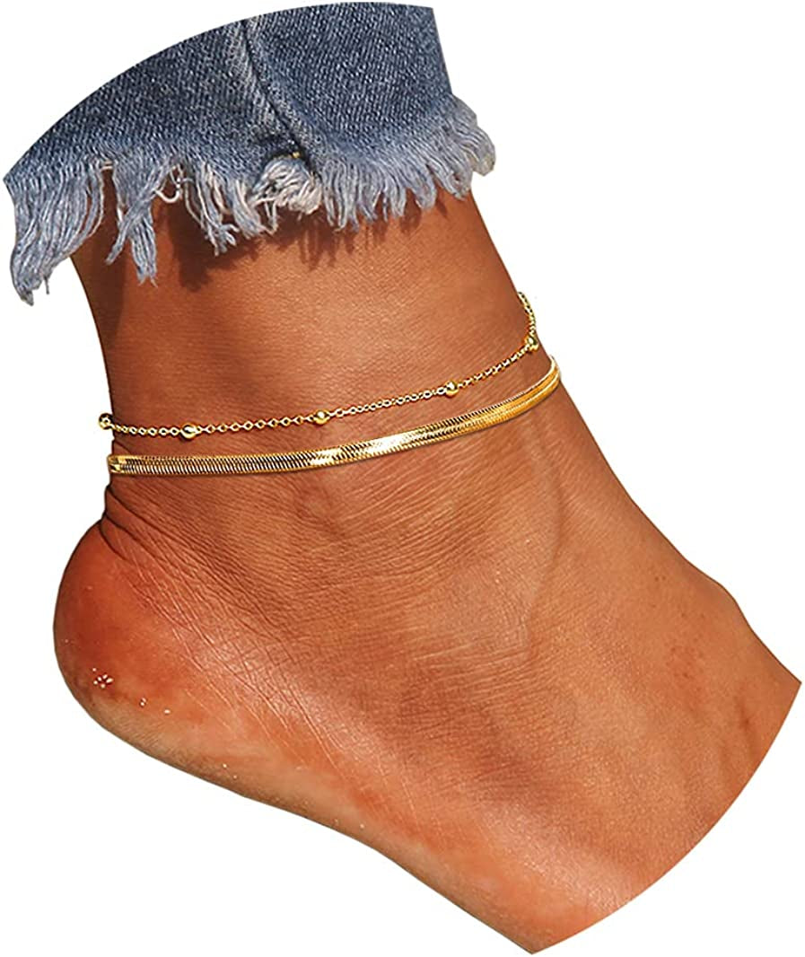 QJLE 18K Gold Plated Flat Snake Chain Link Dainty Ankle Bracelets for Women, Boho Cute Summer Beach Anklet Adjustable Foot Jewelry Apparel & Accessories > Jewelry > Anklets QJLE T Layered Gold  