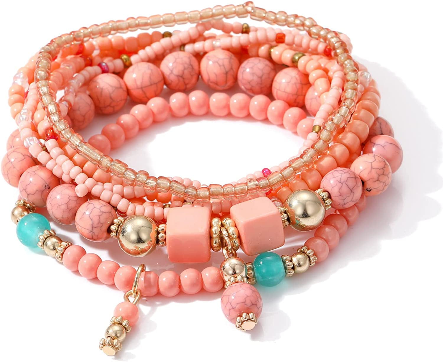 Mengpa Stackable Beaded Bracelets for Women Girls Bohemian Layering Strand Statement Jewelry Apparel & Accessories > Jewelry > Bracelets MengPa Z-Pink  