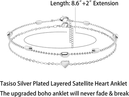 Tasiso 14K Gold Plated Layered Satellite Beads Heart Anklets Layering Rhinestone Cubic Zirconia Ankle Bracelets for Women Minimalist Summer Beach Foot Chain Ankle Jewelry Gifts Apparel & Accessories > Jewelry > Anklets Tasiso   
