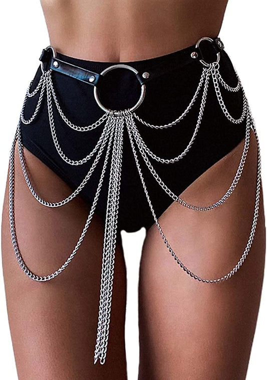 Relbcy Punk Layered Belly Waist Chain Harness Black Leather Body Chains Rave Body Jewelry Nightclub Accessories for Women and Girls Apparel & Accessories > Jewelry > Body Jewelry RELBCY   