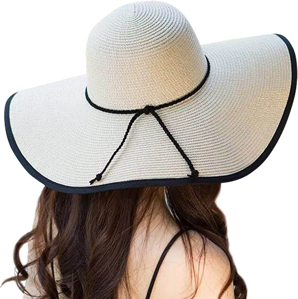 Lanzom Womens Wide Brim Straw Hat Big Floppy Foldable Roll up Cap Beach Sun Hat UPF 50+ Apparel & Accessories > Clothing Accessories > Hats Lanzom Twine-beige One Size 