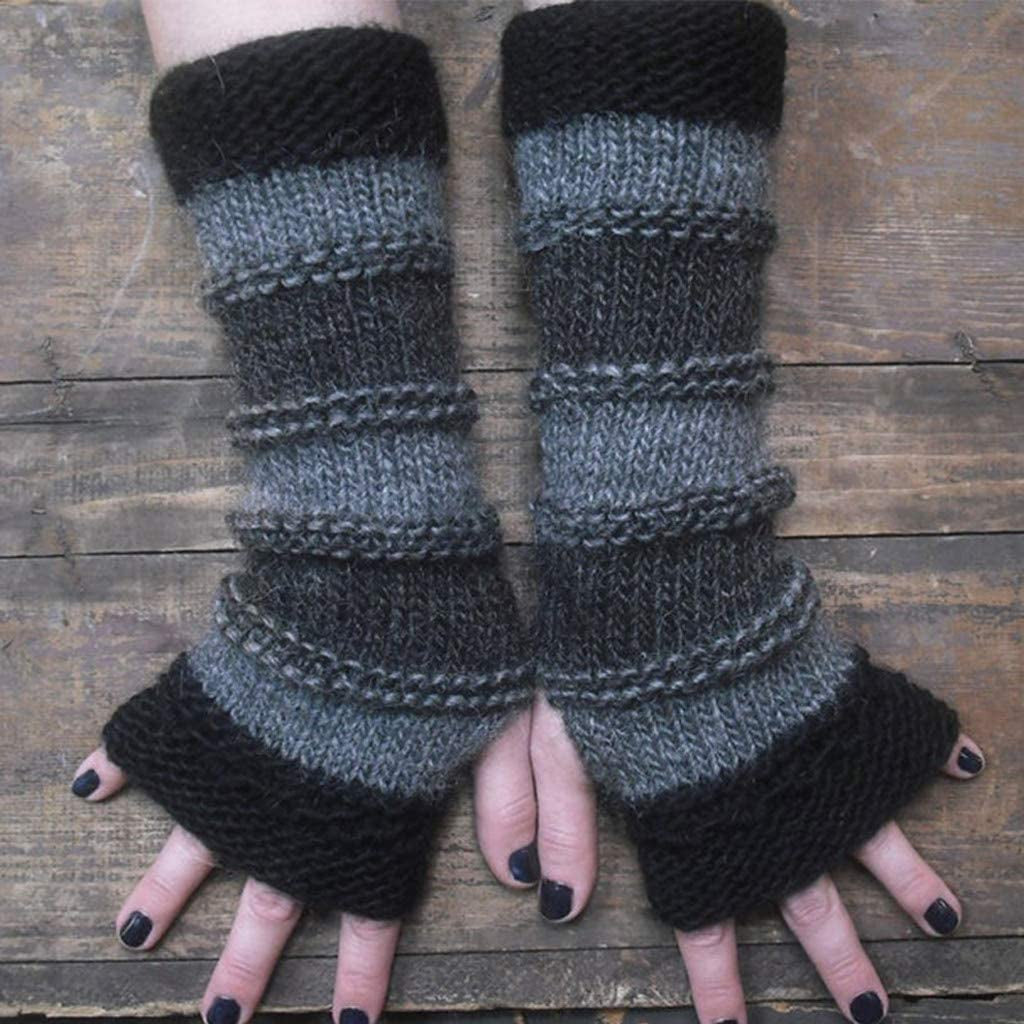 Women Winter Long Fingerless Gloves Striped Knitted Arm Warmer Thumb Hole Gloves Stitching Mittens Gray Apparel & Accessories > Clothing Accessories > Gloves & Mittens BOOA   