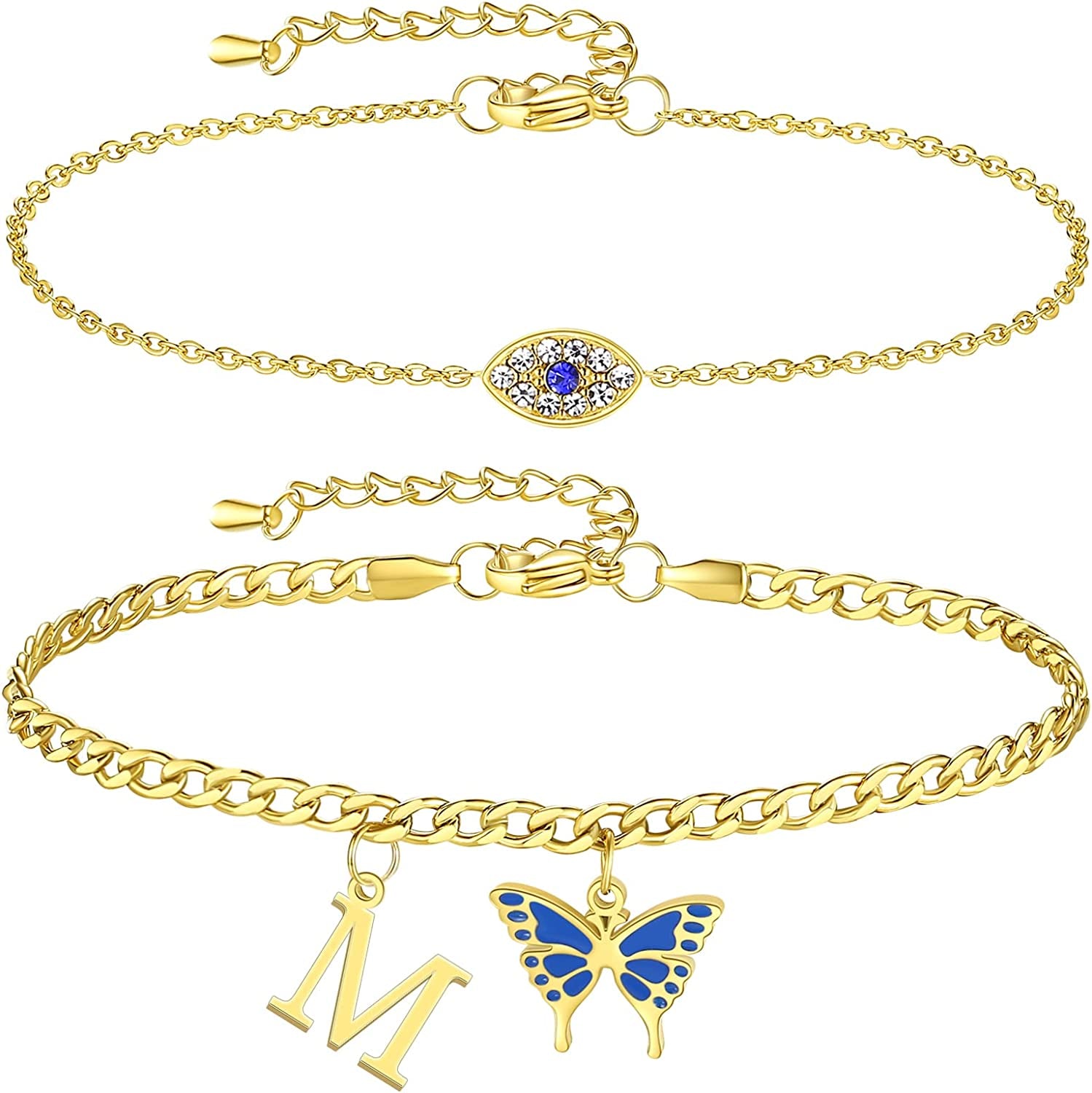 SAM & LORI 2 Pcs Anklets Set 18K Gold Plated Dainty Layered Personalized Initial Anklets Bracelets - Blue Butterfly - Sparkling CZ Evil Eye - Adjustable Summer Jewelry for Women Teen Girls Apparel & Accessories > Jewelry > Anklets SAM & LORI "Butterfly Evil Eye - M  