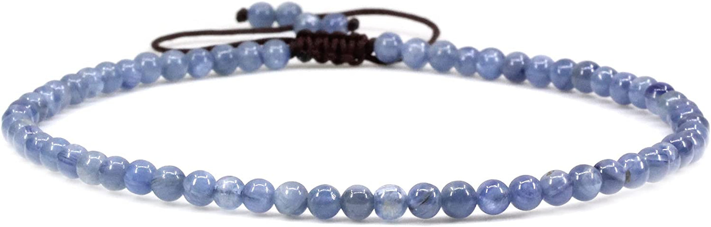 Keleny Natural Gemstone 4Mm round Bead Charm Stretch Anklet for Women Brown Rope Adjustable 8.6-11 Inch Apparel & Accessories > Jewelry > Anklets Kelenystones Blue Kyanite  