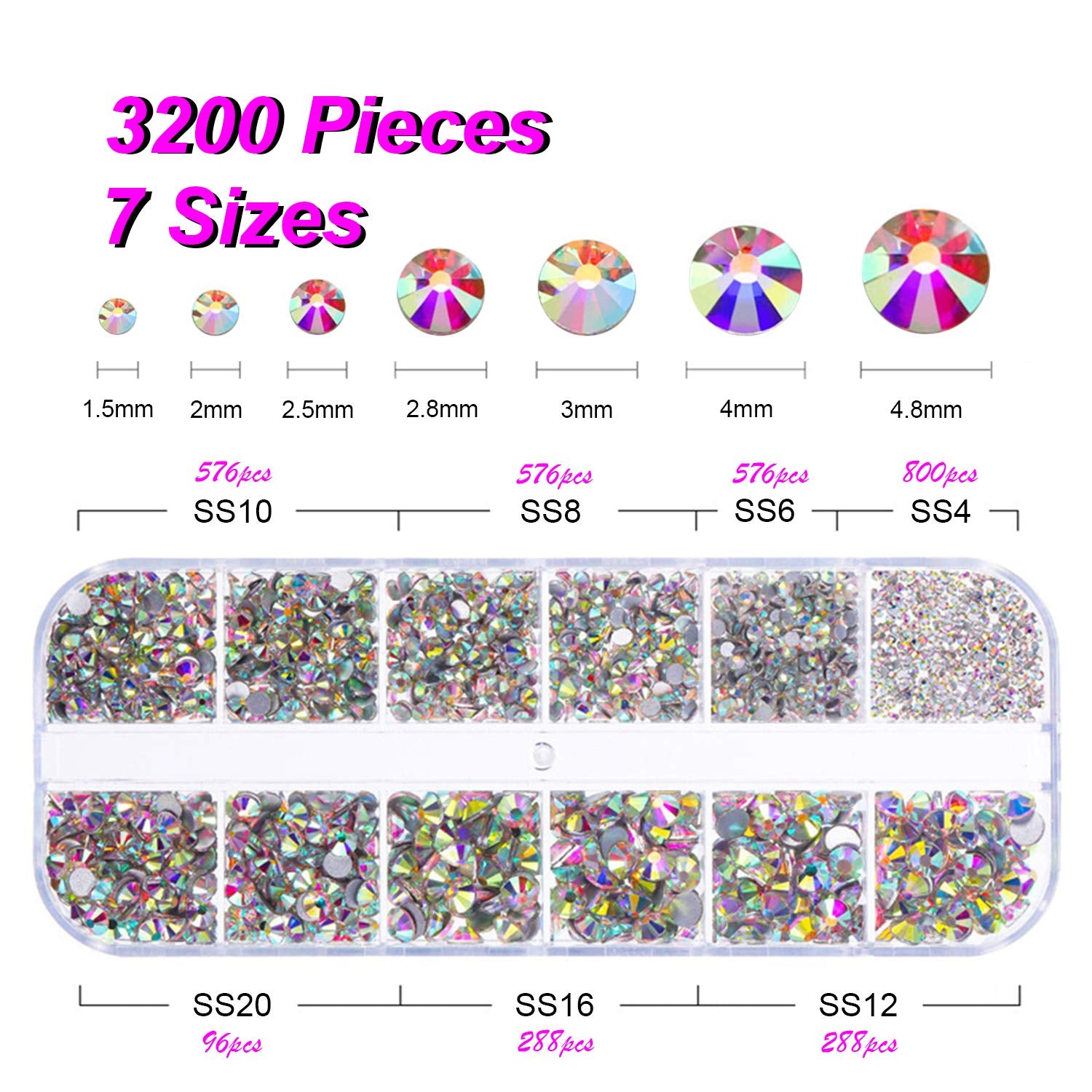 FITDON 3200Pcs Flat Back round Crystal AB Rhinestones Iridescent Glass Charms Nail Stones Gems with Pick up Tweezers Rhinestones Picking Pen Dual-Use Brush Dotting Tools Health & Beauty > Personal Care > Cosmetics > Cosmetic Tools > Nail Tools FITDON   