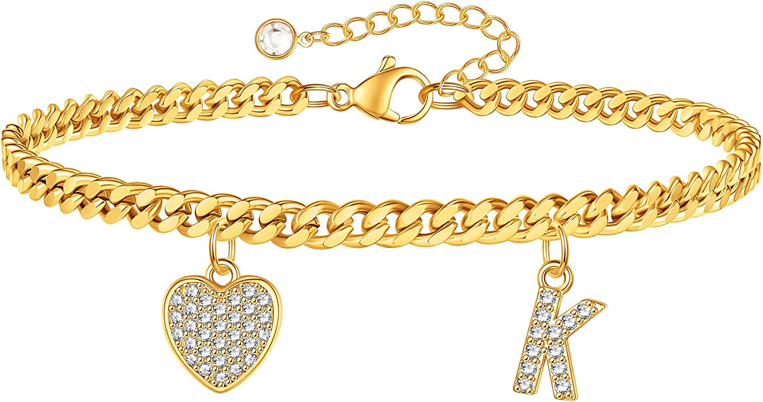 Gold Heart Ankle Bracelets for Women 14K Gold Plated Initial Charm Gold Anklets for Women Cuban Link Chain Heart Anklet Bracelets for Women Apparel & Accessories > Jewelry > Anklets BRIJEWLIC K  