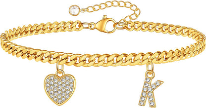Gold Heart Ankle Bracelets for Women 14K Gold Plated Initial Charm Gold Anklets for Women Cuban Link Chain Heart Anklet Bracelets for Women Apparel & Accessories > Jewelry > Anklets BRIJEWLIC K  