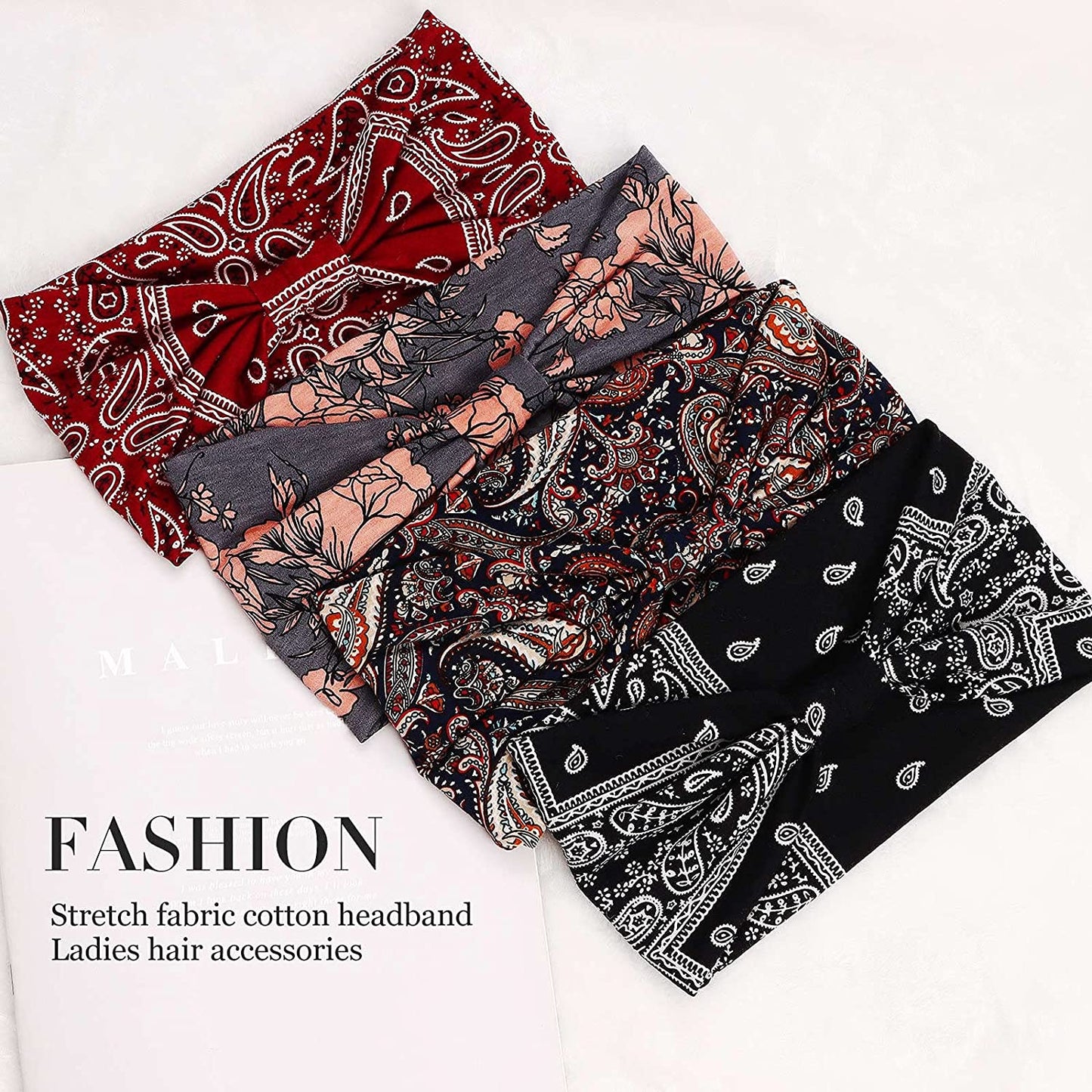 Vemalo Wide Headbands for Women, Boho Bandeau Head Bands, Workout Head Wraps, Stretch No Slip Hair Wraps Pack of 4 (Stylish) Apparel & Accessories > Clothing Accessories > Bandanas & Headties Vemalo   