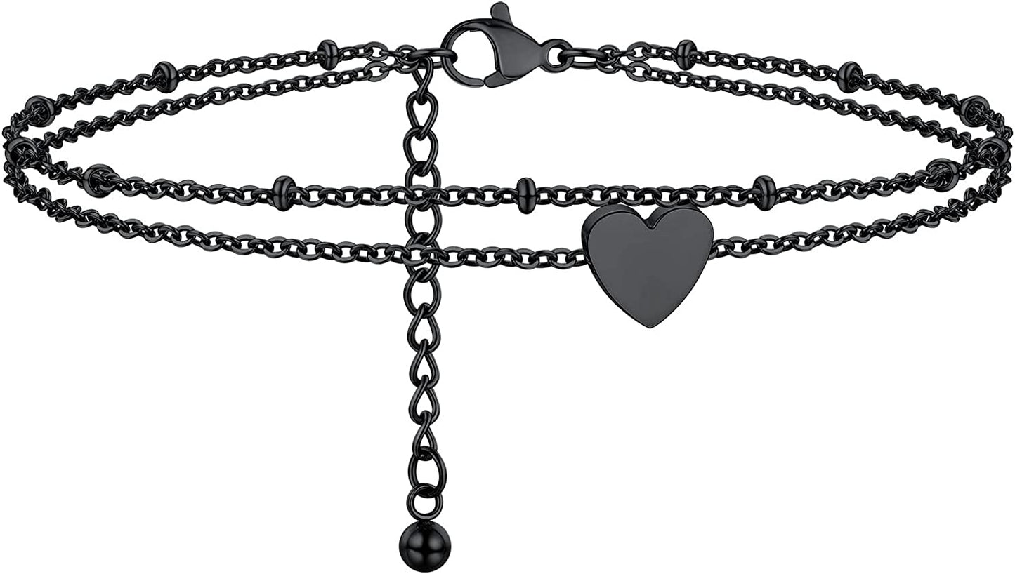 PROSTEEL Stainless Steel Chain Anklets for Men Women, Silver/Gold Tone, Ankle Bracelets Hypoallergenic, 8-10.5 Inch Adjustable, Come Gift Box Apparel & Accessories > Jewelry > Anklets Prosteel Jewelry E: black-heart layered  