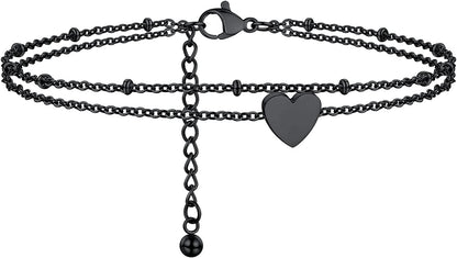 PROSTEEL Stainless Steel Chain Anklets for Men Women, Silver/Gold Tone, Ankle Bracelets Hypoallergenic, 8-10.5 Inch Adjustable, Come Gift Box Apparel & Accessories > Jewelry > Anklets Prosteel Jewelry E: black-heart layered  