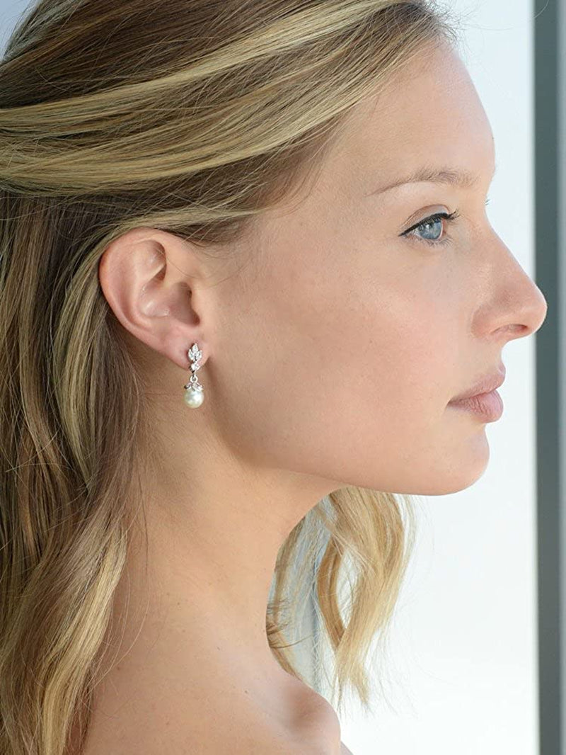 Mariell Light Ivory Pearl Drop Vintage Wedding Earrings with Platinum Plated Cubic Zirconia Marquis Apparel & Accessories > Jewelry > Earrings Mariell   