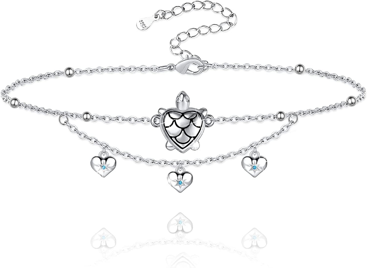 Sianilvera S925 Sterling Silver Foot Charm Jewelry Adjustable Anklet Link Bracelet Gift Double Layered Ocean Animal Anklets for Women Girls Apparel & Accessories > Jewelry > Anklets Sianilvera Sea Turtle with Heart  