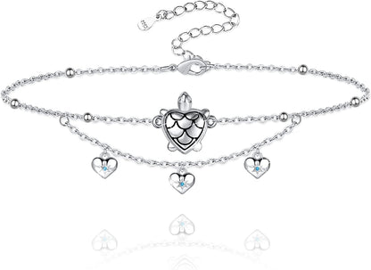 Sianilvera S925 Sterling Silver Foot Charm Jewelry Adjustable Anklet Link Bracelet Gift Double Layered Ocean Animal Anklets for Women Girls Apparel & Accessories > Jewelry > Anklets Sianilvera Sea Turtle with Heart  