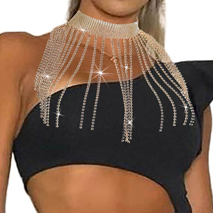 Rhinestone Tassel Choker Sexy Gold Wide Necklace Chain Shiny Evening Nightclub Adjustable Body Accessories Jewelry for Women Apparel & Accessories > Jewelry > Body Jewelry KYLIE MAX   