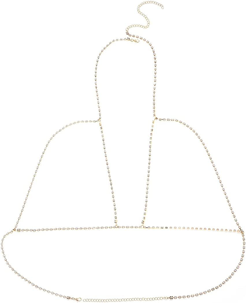 Woeoe Rhinestone Chain Bra Crystal Body Chains for Women Necklace Sexy Bikini Nightclub Body Chain Jewelry Apparel & Accessories > Jewelry > Body Jewelry Woeoe gold  