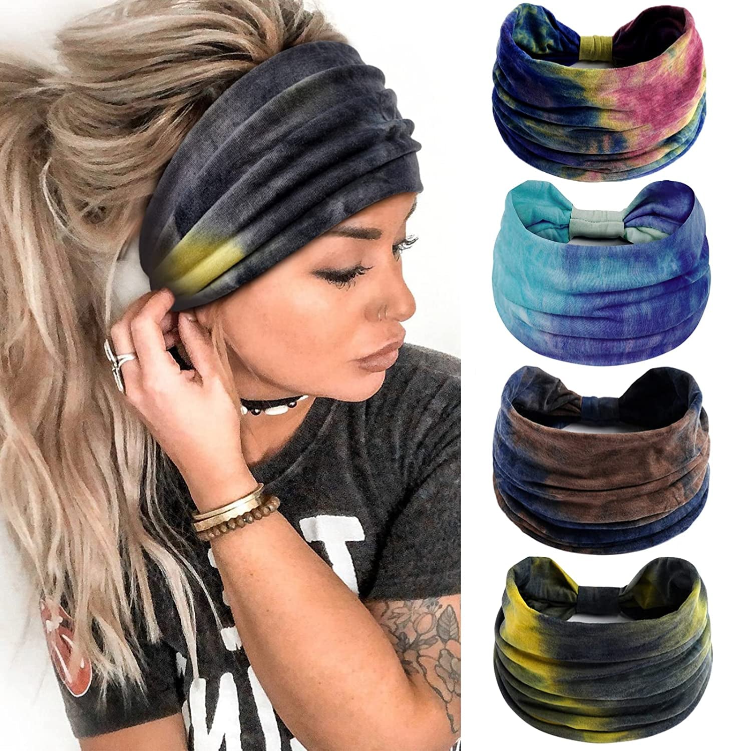 Wide Headbands for Women Black Stylish Head Wraps Boho Thick Hairbands Large African Sport Yoga Turban Headband Hair Accessories (Pack of 4) Apparel & Accessories > Clothing Accessories > Bandanas & Headties Huachi Tie Dye  