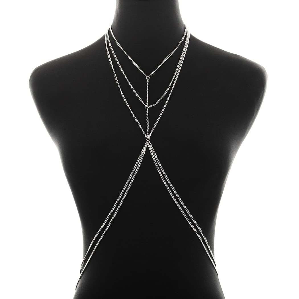 Bounzhi Harness Body Chain Bra Sexy Silver Body Jewelry Necklace Bikini Chains for Women and Girls(Silver), Free Sizes, B-015 Apparel & Accessories > Jewelry > Body Jewelry Bounzhi Silver  